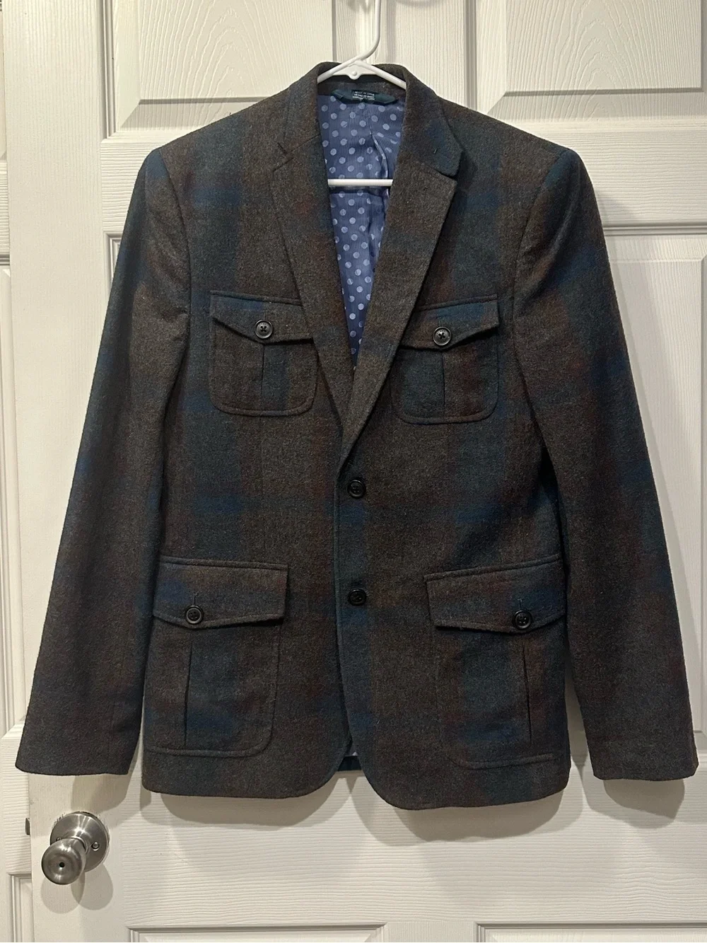 Perry Ellis 50% Wool Grey Blue Brown Plaid Fall Winter Slim Fit Blazer Jacket